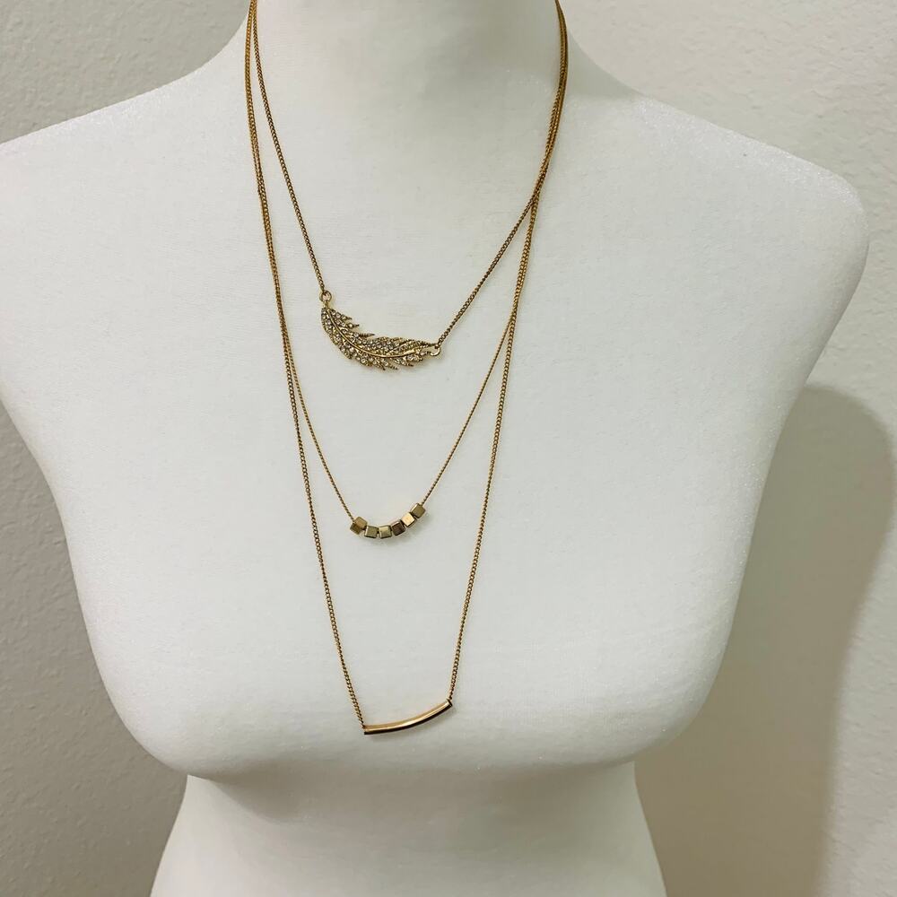 Boho Gold Rhinestone Feather Multichain Necklace